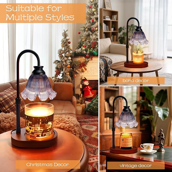 Candle Warmer Lamp with Timer: Birthday Gifts for Women, House Warming Gifts New Home Decor – Height Adjustable Candle Lamp for Mom, Anniversary - Walnut Solid Wood Base, with 2 Bulbs