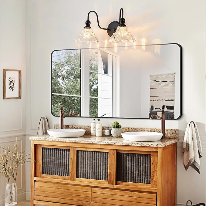 Vintage Bathroom Light Fixtures Over Mirror, 2-Light Black Wall Sconce Lighting with Flower Glass Shade, Farmhouse Vanity Lights for Bedroom Kitchen Living Room Hallway Light