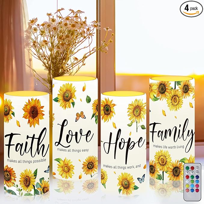 Tiamon Sunflower Flameless Candles LED Love Hope Faith Candles Battery Operated Yellow Floral Flickering with 18 Key Remote Timer Pillar for Summer Holiday Table Decorations