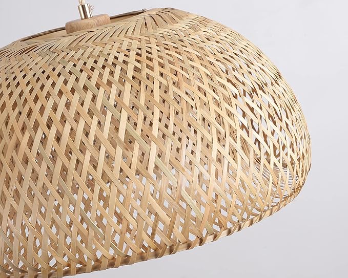 Bamboo Large Plug in Pendant Light with 14ft Handmade Woven Light Cord, Dimmable Switch, Rustic Basket Hanging Lamp for Bedroom Kitchen Island Farmhouse Dining Room Living Room,17.8 inch Width