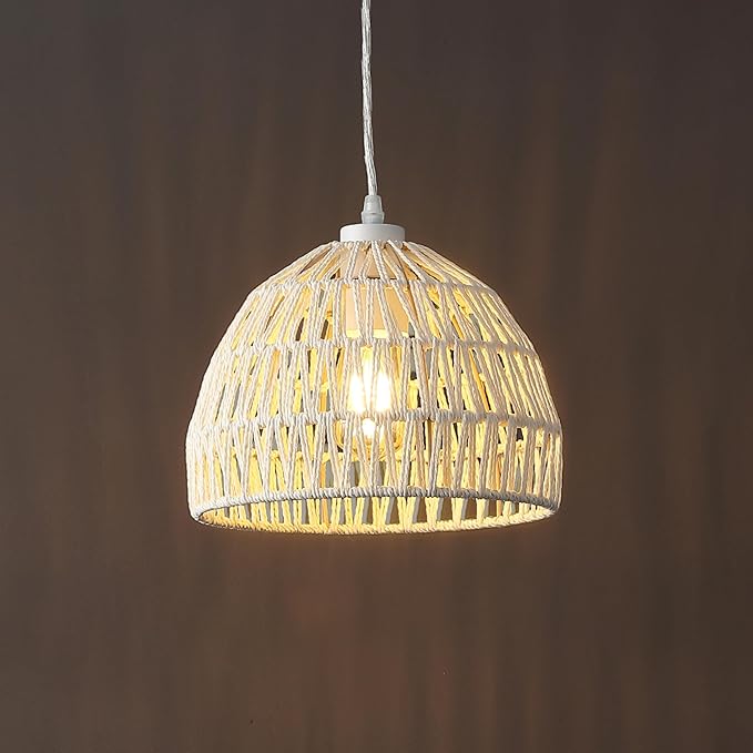JONATHAN Y 10.25" Cream Modern Bohemian Woven Rope LED Pendant Light Fixture, Adjustable Dome Ceiling Lamp for Kitchen Island, Rope Shade, Coastal Farmhouse Decor (JYL6513C)