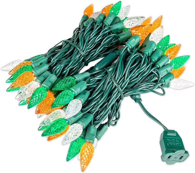 70 Light 24Ft St. Patrick’s Day Lights Commercial String Lights C6 LED Strawberry Faceted Bulb – Green/White/Orange, Green Wire, Indoor/Outdoor, Full Wave No Flicker, Connect 43 Sets