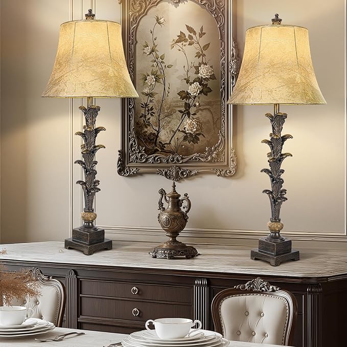 Table Lamps Set of 2 for Living Room, 33'' Tall Bedside Table Lamps with 3 Way Dimmable Bulbs, Farmhouse Buffet Lamps with Laux Leather Shades, Vintage Brown Desk Lamps for Nightstand Bedroom Office