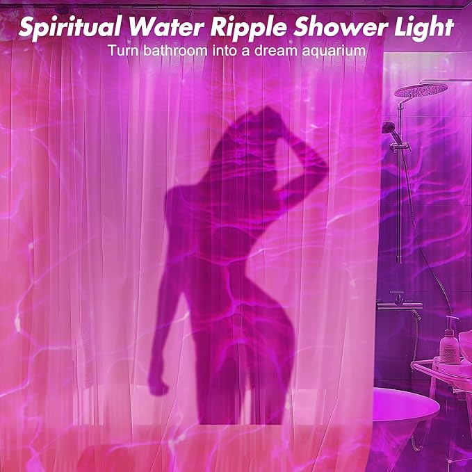 Rechargeable Shower Light No Wiring, 16 Color Changeable Ocean Wave Projector Light, Dimmable Waterproof Shower Lamp with Remote, Rotating Flame Water Ripple Lamp for Shower, Bathroom, Bedroom Decor
