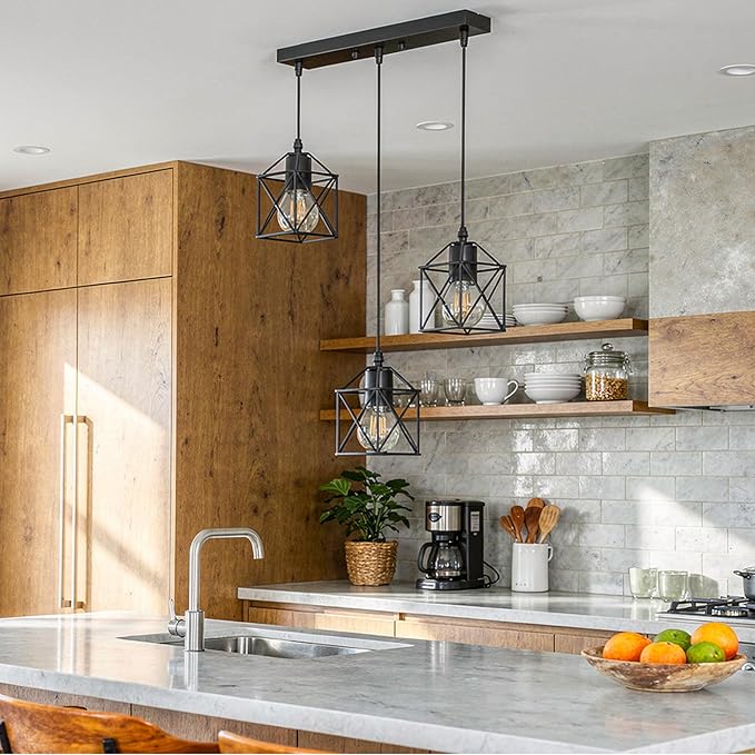 3 Light Pendant Lighting, Farmhouse Hanging Light Fixture for Kitchen Island & Dining Room, Industrial Vintage Ceiling Lamp with E26 Base, Adjustable Height, Matte Black