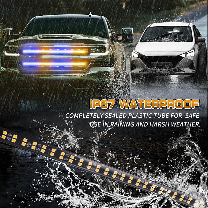 XRIDONSEN 2PCS 24 inch Amber Blue Truck Grill Emergency Lights Strip 288 LED Grille Strobe Lights Flashing Warning Safety Waterproof First Responder Lights for Firefighter Police Vehicles Fire Trucks