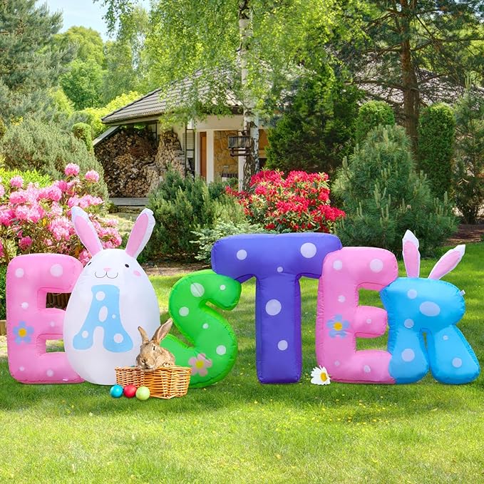 New 8FT Long Easter Inflatable Banner Outdoor Decorations with, Build-in LED Lights Holiday Blow Up Yard Decoration, for Easter Holiday Party, Outdoor,Garden, Yard Lawn Décor