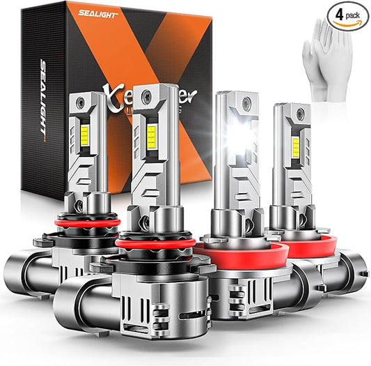 SEALIGHT 9005 H11 Bulbs, 96,000LM 900% Brightness HB3 H8/H9 Light Bulbs, 6500K Cool White Bulbs with 15000RPM Fan, Plug and Play ATV/UTV, 10-Year Extended Lifespan IP68 Waterproof, Pack of 4