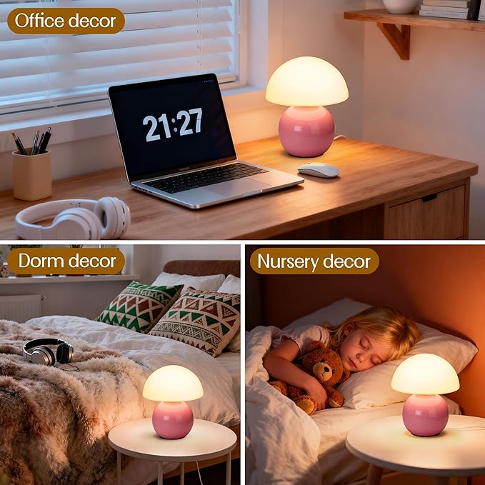 Cute Small Mushroom Lamp Decor,USB-Plug in Bedside Table Lamps with 3-Temperature LED Bulb Dimmable,Modern Aesthetic Home Decor for Livingroom/Bedroom/Dorm/Nursery (Pink with Plug)