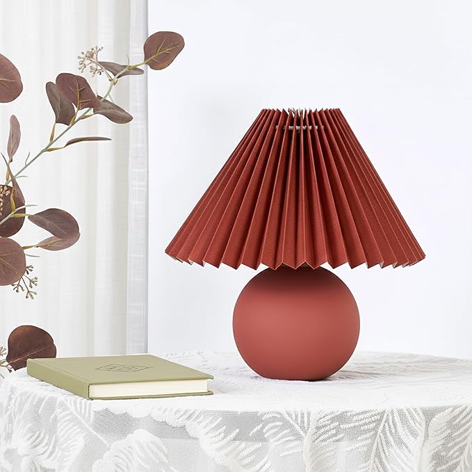 Brightech Serena LED Table Lamp - Small 10" Modern Ceramic Lamp with Pleated Shade for Bedside, Nightstand, Desk - Mini Night Light with Cozy Soft White Light for Living Room, Bedroom - Maroon Red