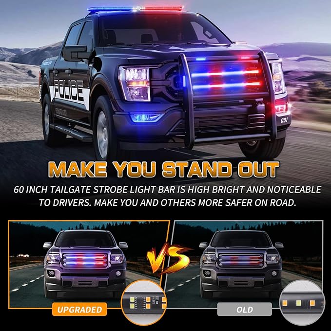 XRIDONSEN 2PCS 24 inch Truck Grill Police Lights Strip 288 LED Red Blue Emergency Strobe Lights Flashing Warning Hazard Caution Safety Grille Lights w/Waterproof Tube for Vehicles Trucks Pickup SUV