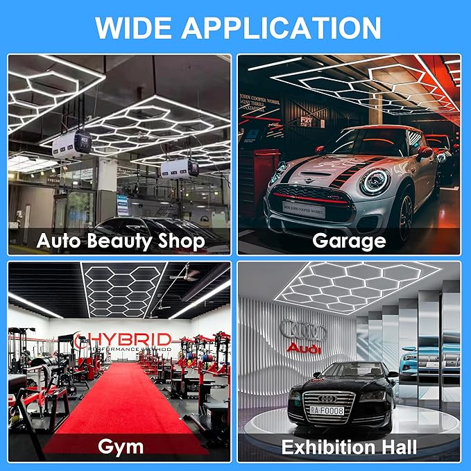 MODERN Hexagon Garage Light: Upgraded 3 Level Dimmable Hexagon Led Garage Light with Rectangle Frame 86400 Lumens 6500K for Garage, Basement, Warehouse, Auto Beauty Shop, Car Detailing Shop etc.
