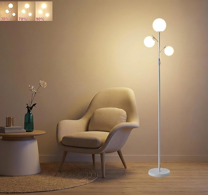 Fiqevs Mid Century Modern 3 Globe Tree Floor Lamp - Dimmable LED Standing Lamp with Bulbs, Warm Light for Living Room Bedroom Office - White