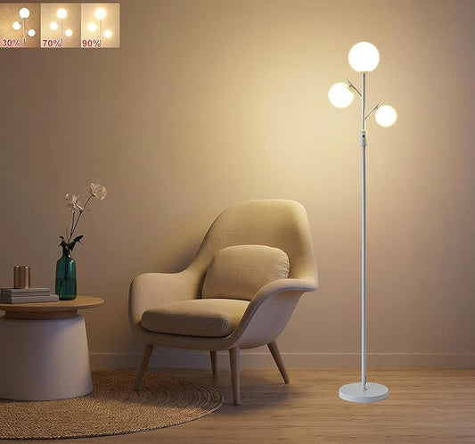 Fiqevs Mid Century Modern 3 Globe Tree Floor Lamp - Dimmable LED Standing Lamp with Bulbs, Warm Light for Living Room Bedroom Office - White