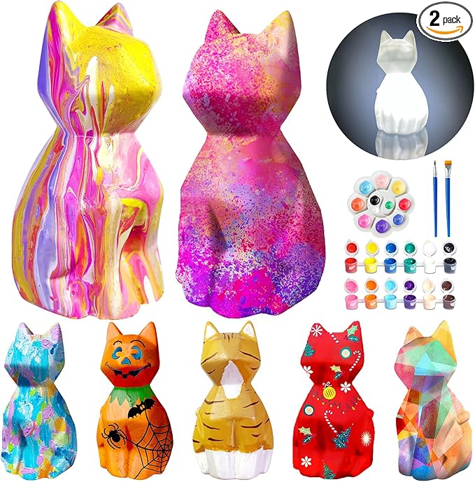 Goody King Paint Your Own Cat Lamp Kit, 2pcs DIY Cat Crafts Night Light, Arts & Crafts for Kids Ages 8-12, Painting Kit for Girls Boys Age 4 5 6 7 8+, Art Supplies Creative Gift for Birthday, Party