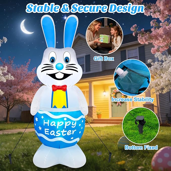 MICOCAH 5FT Tall Easter Inflatable Bunny Outdoor Decoration, Standing Cute Blow Up Blue Rabbit Yard Decoration with Colorful LED Lights, Spring Blowups for Lawn, Garden, Patio, Holiday, Party