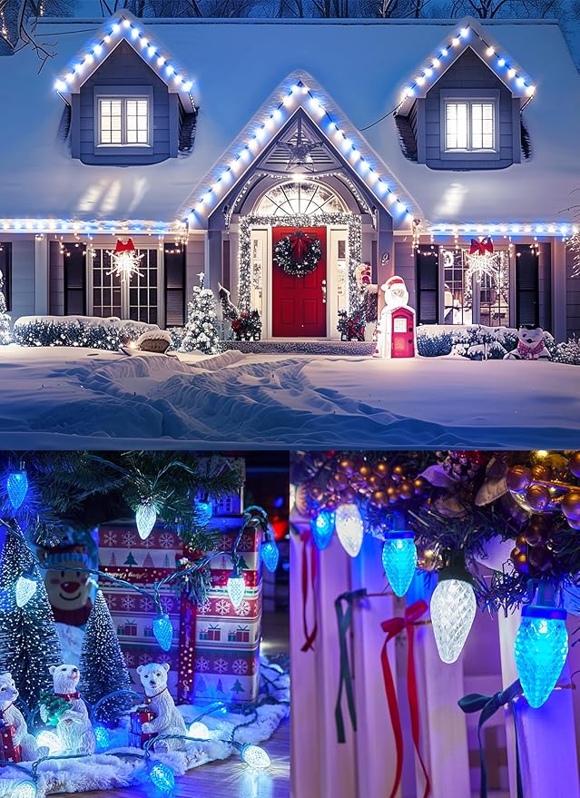 C9 LED Christmas Lights Outdoor, 99 Feet 150 LED String With 150 Spring Clips, Waterproof Connectable Christmas Tree Lights for Outside Roofline Patio Home Xmas Decor, Blue & Pure White