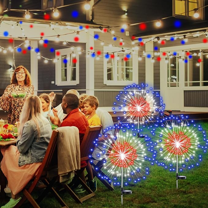 8 Pcs 4th of July Solar Firework Stake Lights 180 LED 8 Modes Solar Waterproof LED Sparkler Lights Outdoor Patriotic Decor for USA 250th Anniversary Garden Patio Yard Pathway (Red White Blue)