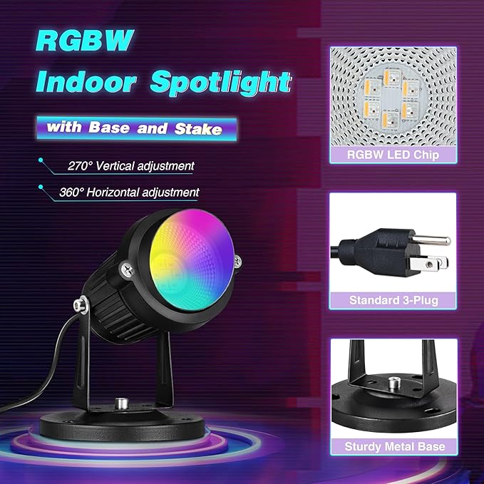 SUNVIE 6W RGBW Up Lights Indoor LED Spot Lights Indoor for Accent Lighting Color Changing Uplighting with Remote Control 120V 4.92FT Cord Spotlight Plug in with Stake for Plant Party Decor, 4 Pack