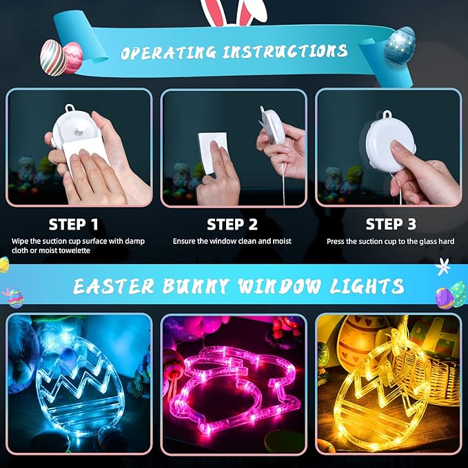 LOLStar Easter Window Decorations, Window Lights, 3 Pack Easter Egg and Bunny Shaped Pink Yellow Blue Hanging String Lights with Suction Cup, Battery Operated Indoor Lights for Home Decor