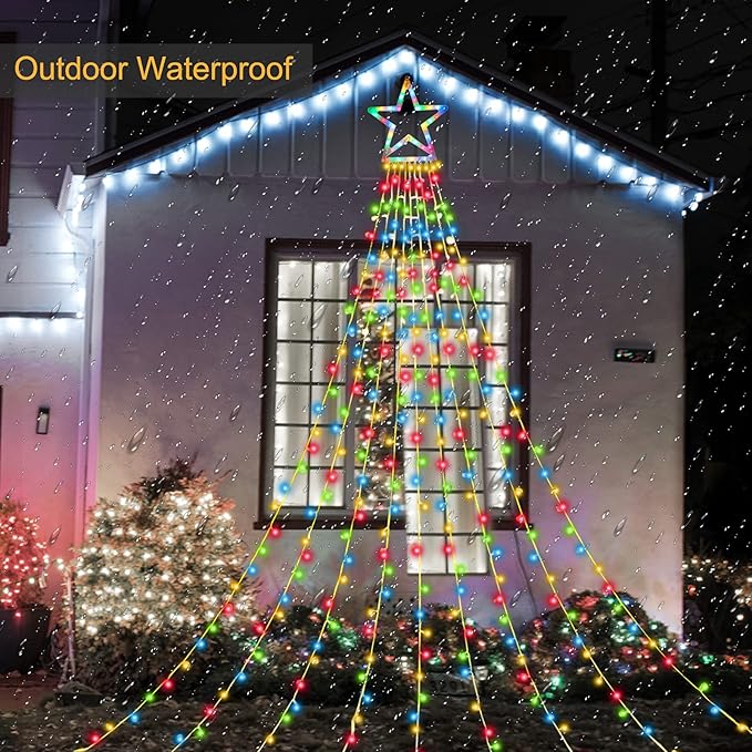ZTX Christmas Decorations Outdoor Star Lights,320 LED 11Ft Christmas Tree Toppers Lihgts with Remote,11 Lighting Modes Waterfall Star String Light for Wedding,Halloween Party (Color Change)
