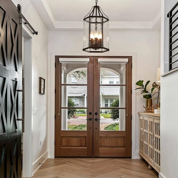 10" Modern 5-Light Exterior Black Lantern Pendant Light Fixture with Clear Rippled Glass Mini Industrial Hanging Cage Chandelier for Outdoor Kitchen Dining Room Hallway Entryway Foyer Porch