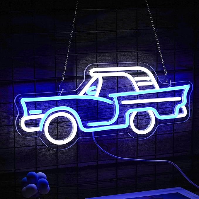 Car neon sign, Blue + White Led Signs USB Powered,For Bedroom Salon Bar Gym Garage Carpark Decor, Retro Car Led neon light sign(17.1x7.3in)