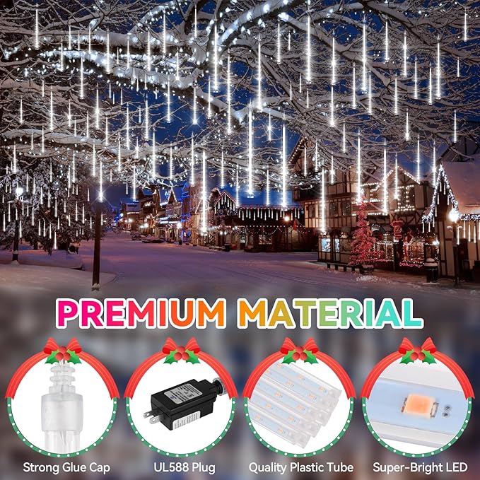 KNONEW 40 Tubes 1120 LED Meteor Shower Lights Christmas Lights Outdoor Plug in Waterproof Falling Rain Light for Xmas Tree Wedding Party Garden Holiday Rooftop Decorations (Cool White)