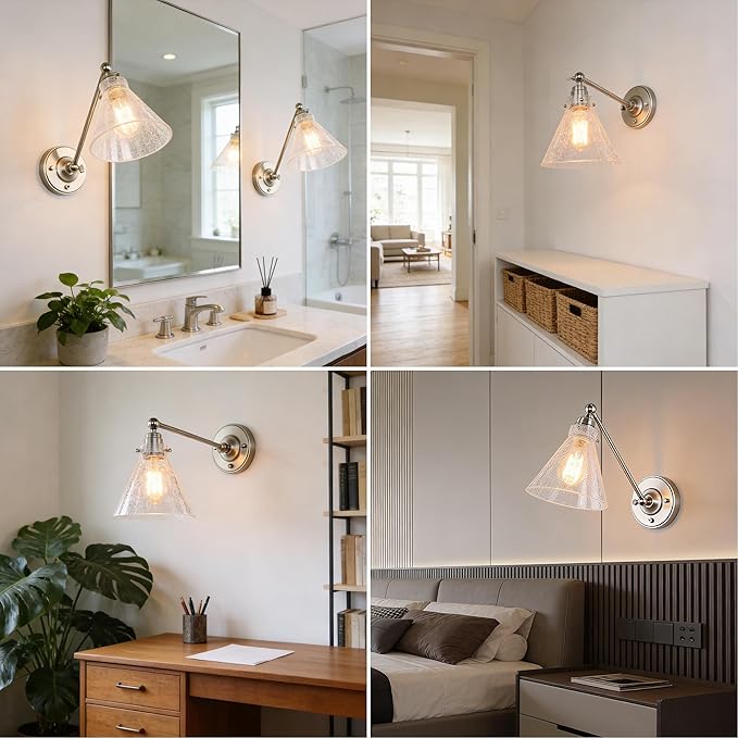 Industrial Vintage Slope Pole Wall Mount Single Sconce with Funnel Flared Clear Glass Shade, Swing Arm Wall Sconce Light Lamp Fixture Hardwired