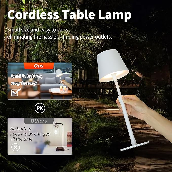 Mr.White Outdoor Waterproof Rechargeable Cordless Table Lamp with Telescopic Pole & Wicker Shade, 5200mAh Battery Operated Table Light with Touch Control, for Patio Restaurant Kitchen (White 2 Pack)