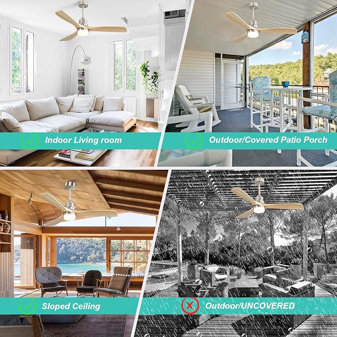 Sofucor 52" Ceiling Fan with Lights and Remote Control, Indoor Outdoor Modern Wood Ceiling Fan for Farmhouse Bedroom Living Room Pation Porch, with Reversible DC Motor, 6 Speeds, 3 Color Temperature