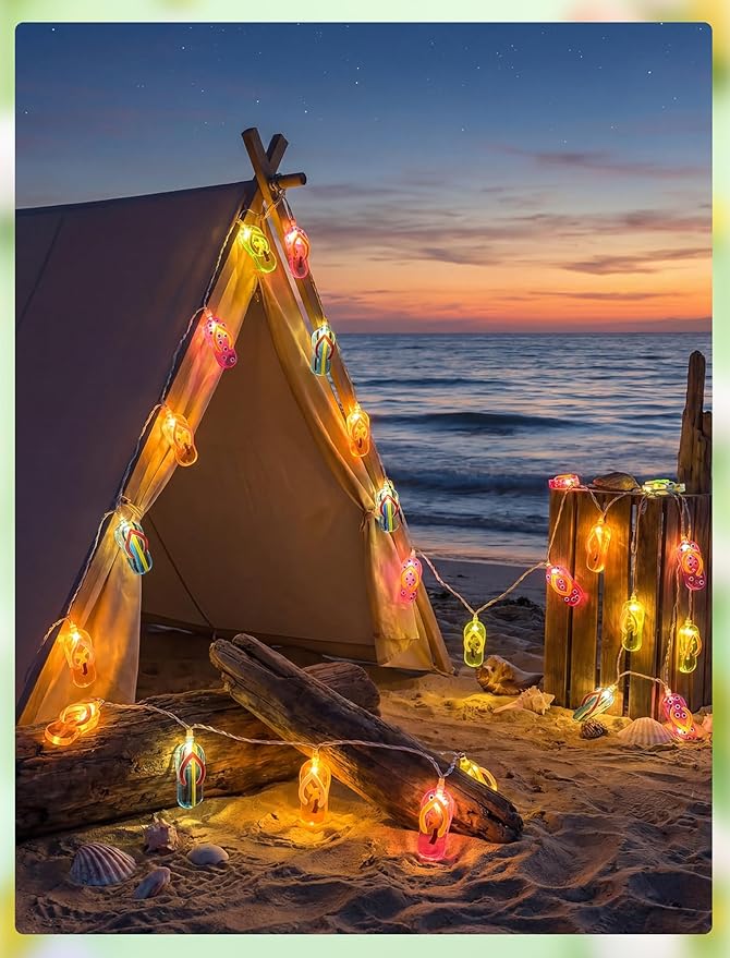 Tropical Beach Flip Flop String Lights, 8.5FT 10 LED Colorful Slipper String Lights Plug in, Hawaiian Summer Beach Themed Decorative Lights for Patio Bedroom Party Luau Pool Birthday Home Window Decor