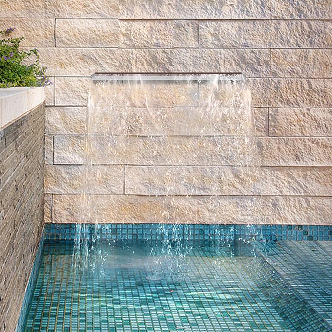 Stainless Steel Waterfall Spillway, LED Pool Fountain with Color Changing Light and Remote Control, Outdoor Pool Waterfall for Garden, Patio and Pond