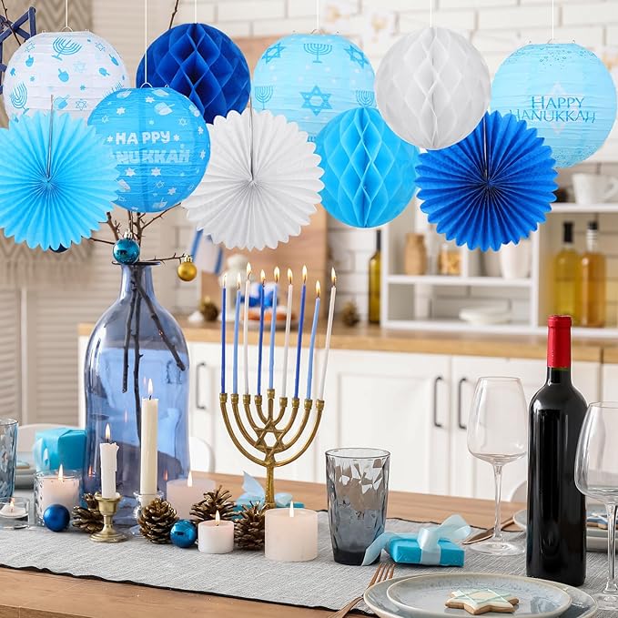 Retisee 18 Pcs Hanukkah Party Decoration Happy Hanukkah Paper Lanterns with Candlestick Dreidel Blue White Hanging Paper Fans Honeycomb Balls Chanukah Home Ornament for Jewish Party Decor