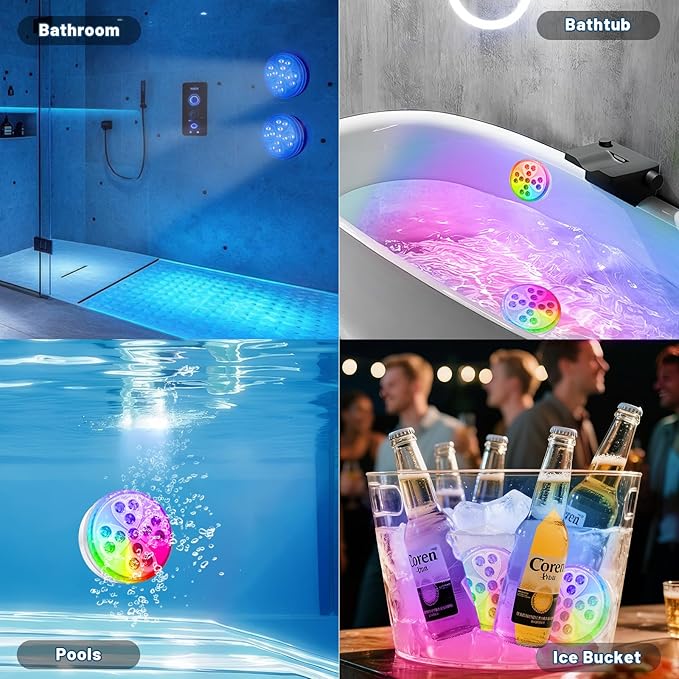 Wireless Pool Lights, Rechargeable Submersible LED Light with 10 Colors & 4 Modes, IP68 Waterproof Underwater Lights for Inground Pools, Above Ground Pools, Parties, Pond, Outdoor Lighting Decor