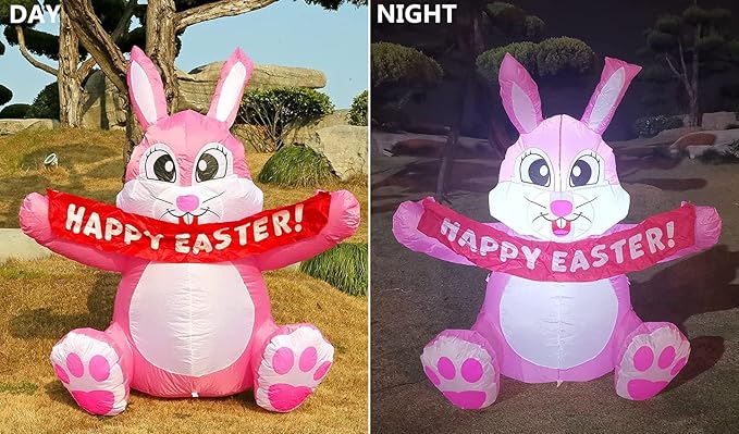 Dearsun 5FT H Adorable Easter Inflatable Bunny Holding a Banner, Easter Bunny Blow up Yard Decorations Giant Pink Bunny with LED Lights for Holiday Party Indoor Outdoor Décor