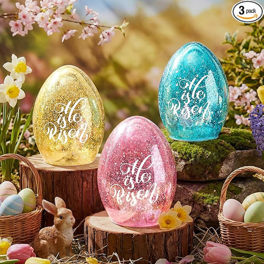 3 Pack Easter Egg Light Decorations, He is Risen Table Centerpiece Lights with Timer Mercury Glass Egg Lamps, Spring Easter Decorations Indoor, 6 Inch Lighted Eggs for Home Decor Battery Operated
