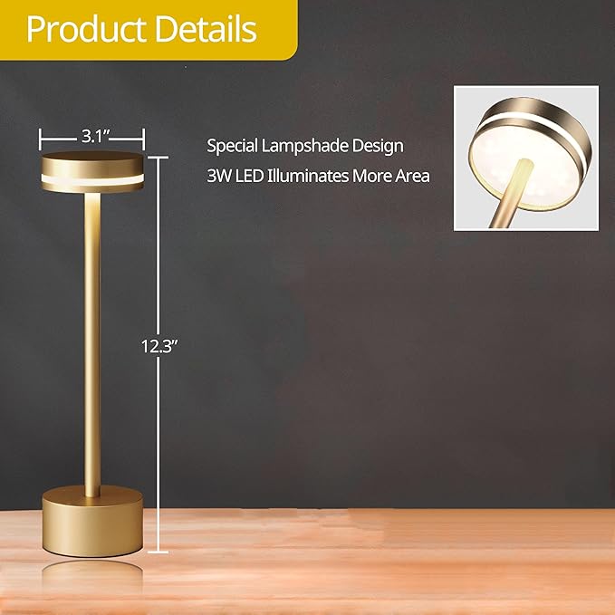 Portable Rechargeable Bedside Lamp, Touch Stepless Dimmable Desk Lamp, Cordless Table Lamp, Ideal for Home, Bedroom, Hotel, Restaurant, Bar, Outdoor, 1 Pack (Gold)