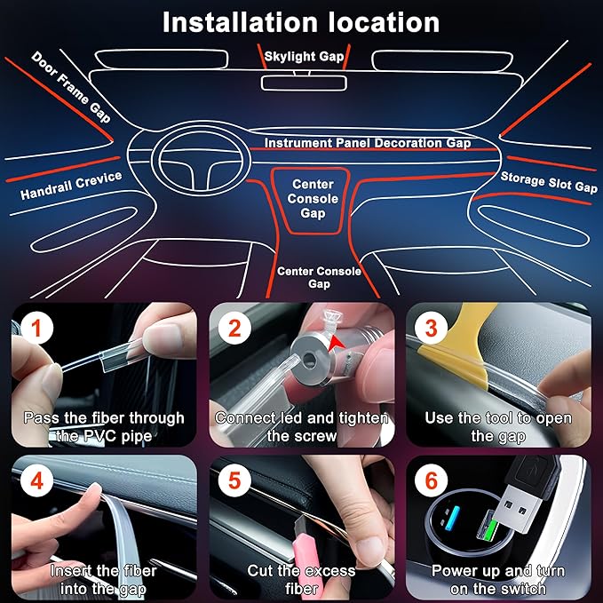 Interior Car LED Lights Wireless APP Control 5 in 1 RGB Ambient Lighting Kit with 236" Fiber Optic, 16 Million Colors Music Sync Waterproof LED Strip Lights for Cars Trucks SUVs Auto Interior Decor