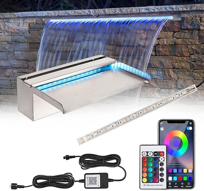 12'' APP Control Pool Waterfall with RGB LED Lights, Stainless Steel Pond Fountain Set for Outdoor Decorations, Patio Waterfall Spillway Kit w/16 Color Changing, Easy Install