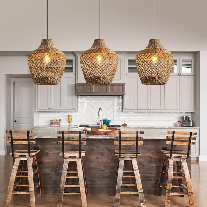 2-Pack Rattan Pendant Light,Bohemian 11.81” Wicker Chandelier,Hand Woven Hanging Seagrass Chandeliers Fixture, for Farmhouse Kitchen Island Boho Dining Living