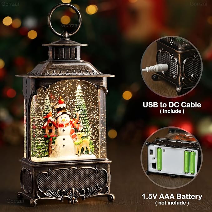 Christmas Snow Globes Snowman Snow Globe Lantern, Lighted Christmas Decorations Indoor with Music Timer Swirling Glitter, Light Up Deer Cardinal Rabbit Musical Decor, USB or Battery Operated