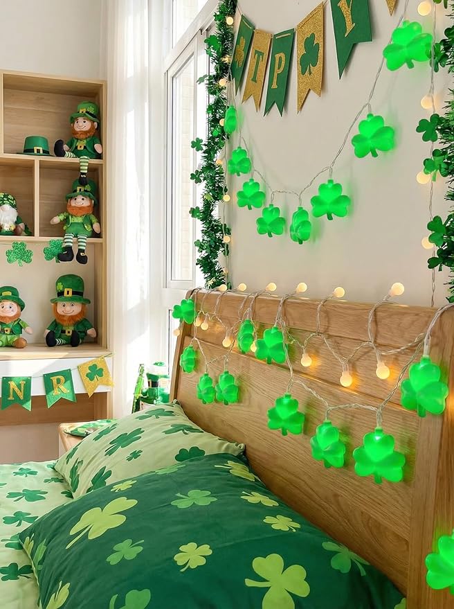 Shamrock String Lights, 8.5Ft St Patrick's Day Decorations String Lights with 10 Green Clover Lights, Connectable Shamrock Indoor Fairy Lights for St Patrick's Day Party Irish Holiday Garden Decor