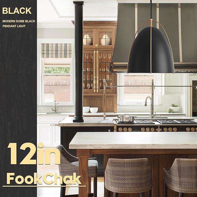 Black Dome Pendant Light 3 Light Socket Large Pendant Light Fixture with Adjustable Pendant Rod 12in Black Gold Pendant Lighting for Kitchen Island Dining Room Kitchen Sink, E26