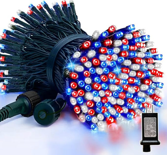 LAMPHOME Red White and Blue Patriotic String Lights, 66ft 200 LED Fairy Lights Plug in, 16 Modes 4th of July Lights Outdoor Waterproof for Independence Day Memorial Day Patriotic Window Decor