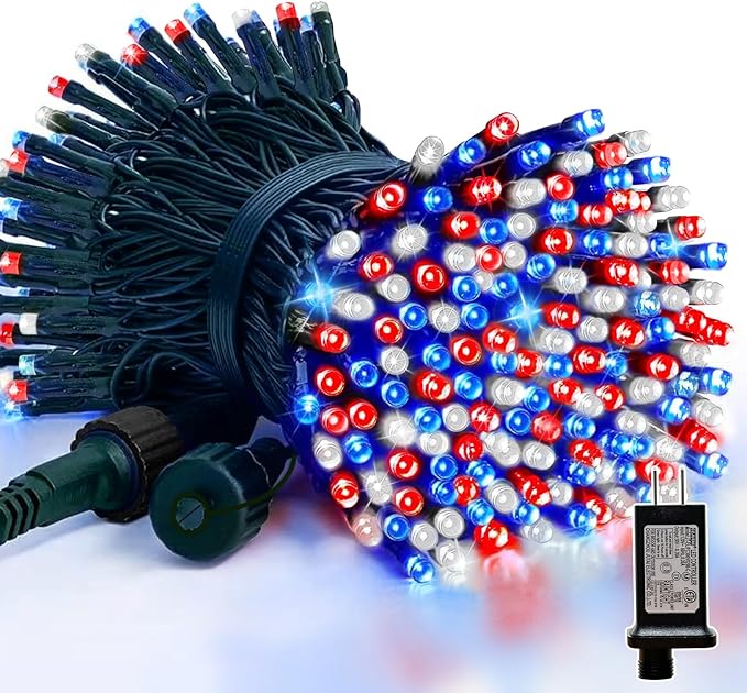 LAMPHOME Red White and Blue Patriotic String Lights, 33ft 100 LED Fairy Lights Plug in, 16 Modes Red White Blue 4th of July Lights Outdoor for Independence Day Memorial Day Patriotic Window Decor