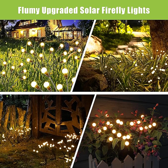Flumy Solar Garden Lights Outdoor - 8 Pack 64 LED Firefly Lights Waterproof, Garden Decorations for Yard Patio Pathway Lawn Outside, Unique Gifts for Grandma Women, Solar Decor Warm White