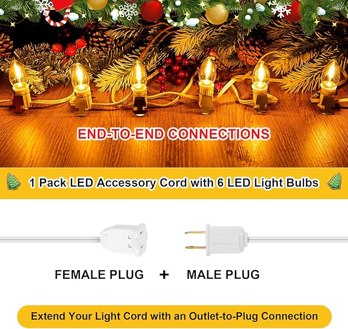 1Pack Accessory Cord with 6LED Bulbs and Outlet Christmas Village Light 11.6FT Blow Mold Light Cord with Spare Fuse Warm White C7 Lamp Christmas Village Accessories for Village Houses Craft Pumpkin