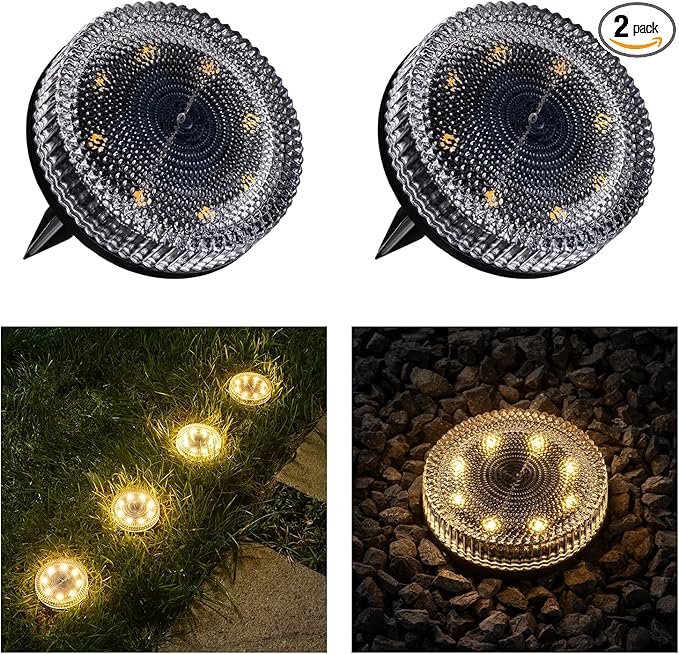 Glass Solar Pathway Lights with Bubble Style, Modular-Design Waterproof In-Ground Light for Patio Pathway Lawn Yard Deck Walkway, Decorative Disk Lighting for Garden Bed, Warm White (2 Pack)