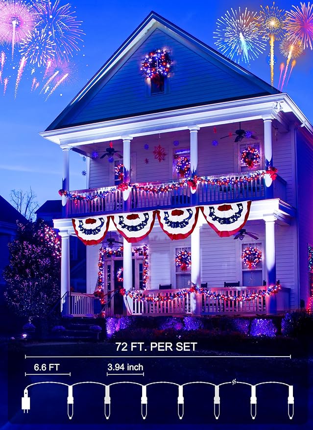 Red White Blue String Lights Plug in with Adapter,200 LED 4th of July Decoration Patriotic Mini Lights with Remote, Waterproof for Indoor Bedroom Party Holiday Independence Day